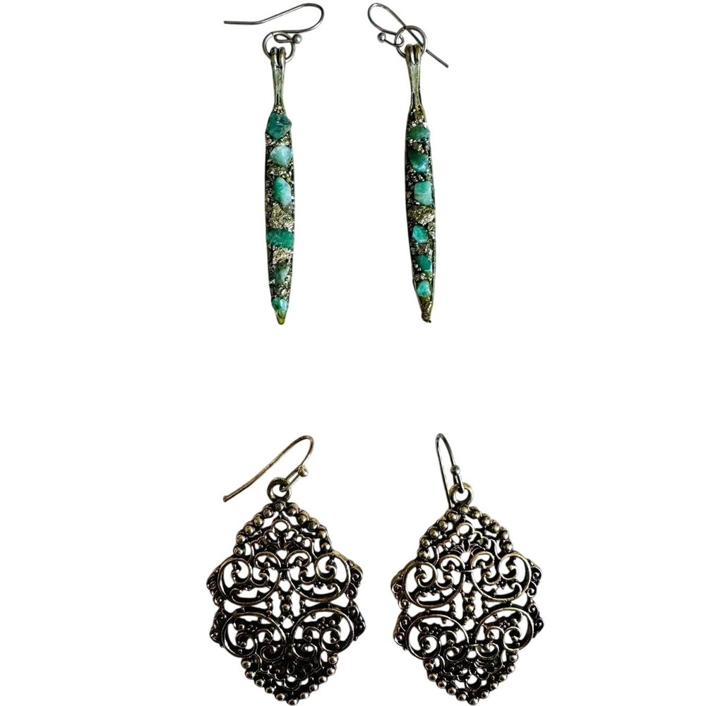 Bundle of 2 - Boho Statement Earrings - Green Stone Spike & Bronze Filigree